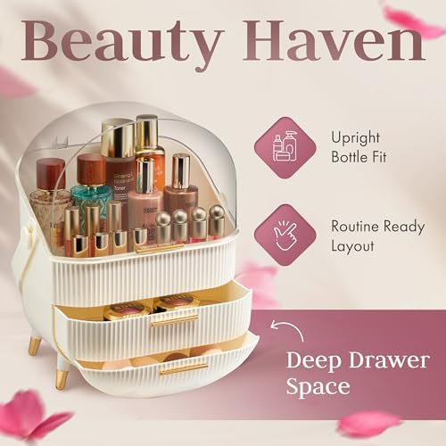 Covered Makeup Cosmetic Countertop - Large Cosmetic Organizer - Trendy Oval Shape Storage for Skin Care Organizer - Clea