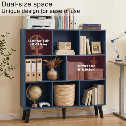 YAHARBO 8 Cube Bookshelf,3 Tier Bookcase with Legs,Dark Blue Mid-Century Modern Bookshelves,Large Free Standing Open Sto