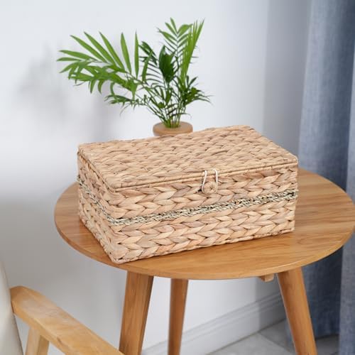 Wicker Basket with Lid,Woven Hyacinth Storage for Home Organizer