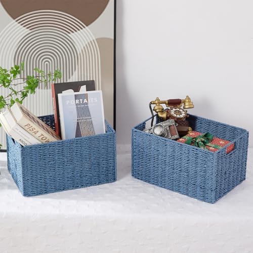 Vagusicc Wicker Storage Basket, Set of 2 Hand-Woven Paper Rope Wicker Basket, Large Storage Baskets for Organizing Toile