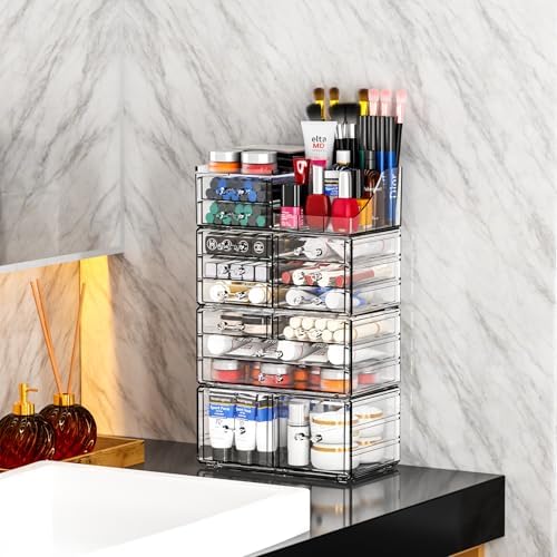 Cq acrylic Make Up Organizers for Vanity With 14 Drawers, 4 Pack Clear Drawer Organizers,Plastic Cute Desk Accessories O