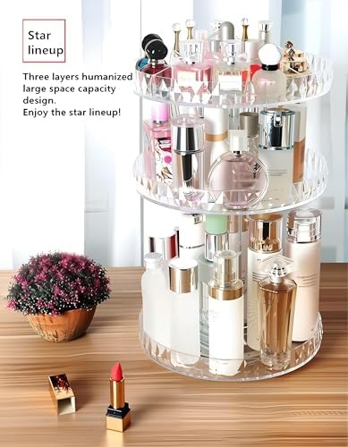 Diamond Pattern Three Layers Perfume Organizer, 360 Rotating Diamond Cosmetic Storage Box Transparent Acrylic Swivel She