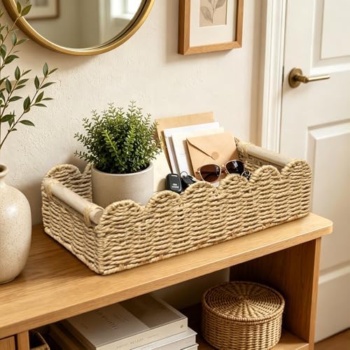 Scalloped Wicker Toilet Paper Storage Basket, Home Decor Baskets,Paper Rope Small Basket,for Over Toilet Storage Shelf, 