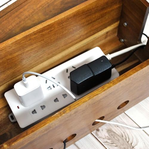 Large Wood Cable Management Box, Vintage Walnut Cord Organizer 14.1" x 6"