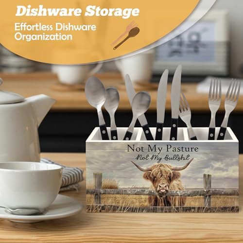 Highland Cow Pen Holder Organizer for Desk Accessories, Farmhouse Western Animal Wooden Box Sign Desk Decorations for Office School, Highland Cow Gifts for Women