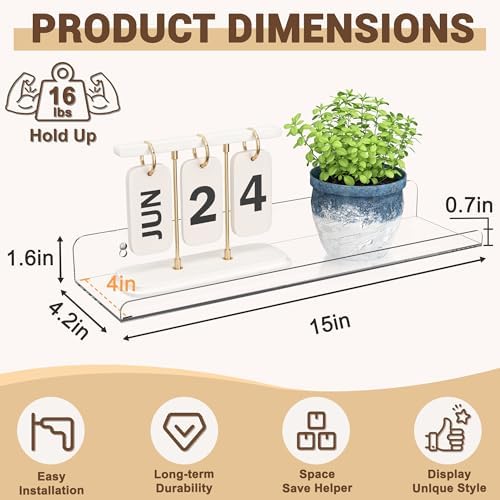Qukaka 15" Clear Floating Shelves for Wall, 12 Pack Display Ledges