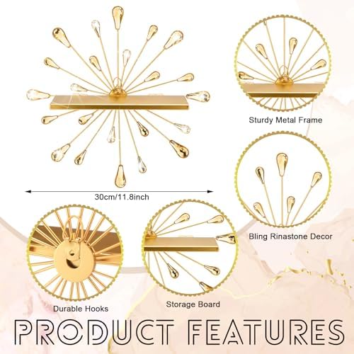Yaocom 3 Pcs Bling Crystal Floating Shelves Metal Starbursts Wall Decor Folding Shelf Gold Corner Shelves Hanging Wall M