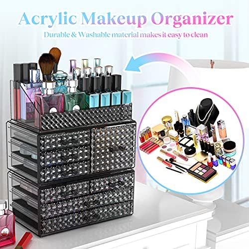 3 Pack Makeup Organizer Stackable[Upgraded], Acrylic Cosmetics Storage Cases with 8 Drawers Perfume Organizers For Brush