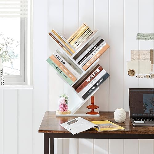Hoctieon 4 Tier Tree Bookshelf, 4 Shelf Bookcase, Free Standing Tree Bookcase, Display Floor Standing Shelf for Books, B