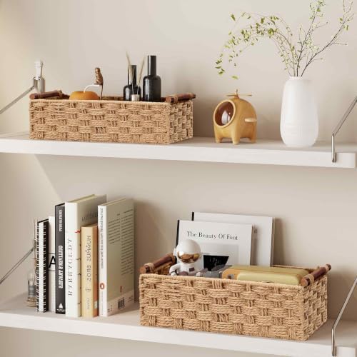 Vagusicc Wicker Storage Basket, Set of 2 Hand-Woven Paper Rope Wicker Basket for Organizing with Handle Decorative Stora