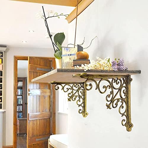 NACH Decorative Shelf Brackets, 1 Pack of 15 x 2 x 15 inch, Gold Cast Iron Wall Shelf Brackets - Decorative Bookshelf Br