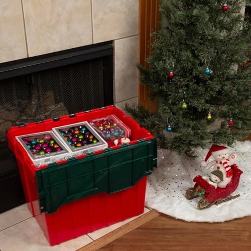 Akro-Mils KeepBox 18 Gal Storage Box, Lid Attached, Stackable, Red/Green