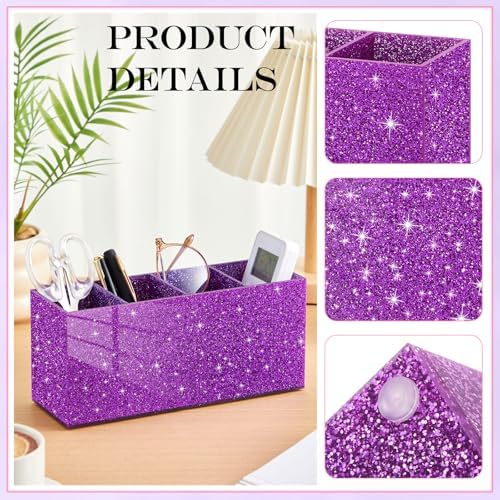 Jetec Acrylic Pen Holder for Girl Desktop, 4 Compartments, Sparkly Purple