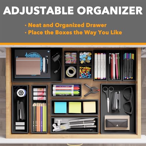 SpaceAid 14-Piece Bamboo Drawer Organizer Storage Boxes Set, Wood Tray Junk Drawer Organizers Multi-Use Divider Bins for Kitchen, Bathroom, Office Desk and Makeup Organization (14 Pack, Black)