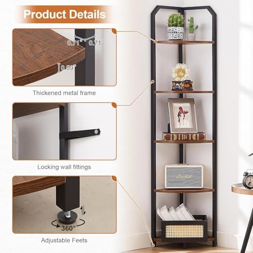 5 Tier Corner Shelf, Narrow Corner Bookshelf for Living Room,Bedroom, Brown