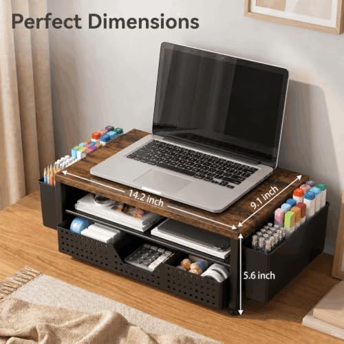 ECOLOVI Desk Organizer and Accessories, 2-Tier Computer Monitor Stand Rise with Storage Drawer & 2 Pen Holders, Laptop &