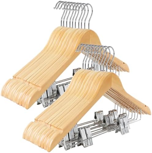 TOPIA HANGER Wooden Suit Hangers with Adjustable Metal Clips (20 Pack), Solid Smooth Wood Clothes Hangers, 360° Swivel Hook, Premium Pants Hangers for Clothes Coat, Jeans, Blouse-Natural, CT28N20