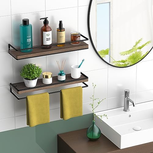 Meangood Floating Shelves Wall Mounted Set of 2, Rustic Wood Wall Storage Shelves for Bedroom,Living Room,Bathroom, Kitc