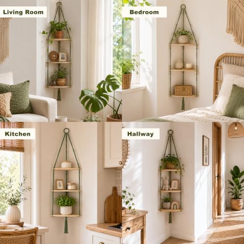 Artilady Corner Shelf Macrame Wall Hanging, Adjust Boho Storage Art, 3 Tier