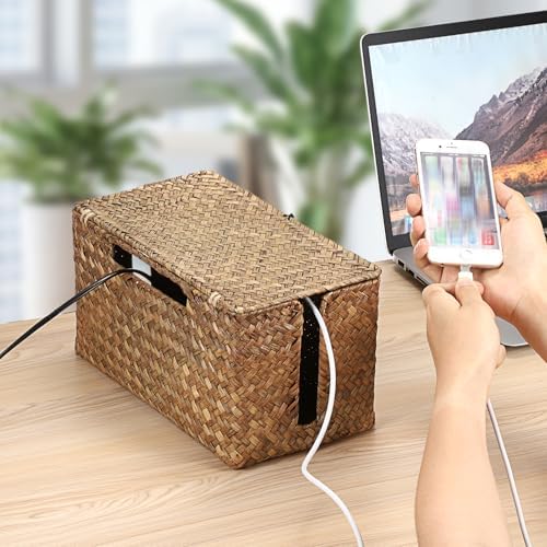 BTSKY Woven Cable Management Box with Lid, Seagrass Cord Organizer with 2 Open Slots for Power Strips & USB Hubs, Under 