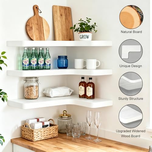 Floating Corner Shelves, Wall Shelf Set of 3, Shelves for Wall Storage, Solid Wood Shelves for Storage, Wall Mount Woode