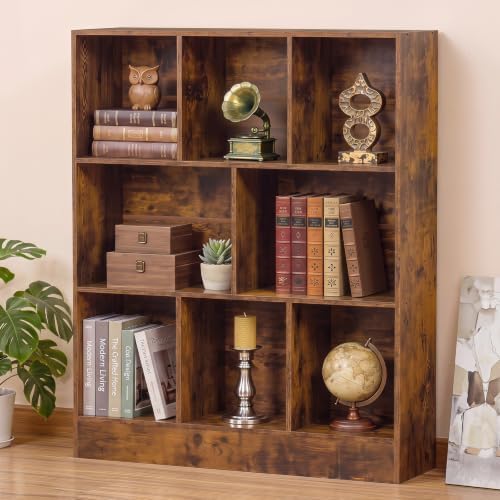 YAHARBO 3 Tier 8 Cube Horizontal Bookshelf, Low Bookcase for Sleves,Brown