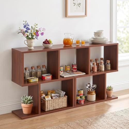 Tangkula 2 Tier Geometric Bookshelf, Freestanding Wooden Display Shelf, Home Office Room Divider S Shaped Open Bookcase,