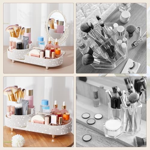 Rotating Makeup Organizer Vanity, White, Pearl