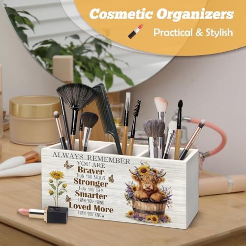 Inspirational Highland Cow Pen Holder Organizer for Desk Accessories, Positive Quote Heifer Wooden Box Sign Desk Decorations for Home Office Decor, Highland Cow Gifts for Women