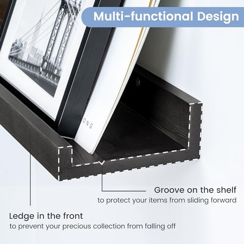 FLYJOE Picture Ledge Shelf, Floating Shelves Set of 2, Solid Pine Wood 72'' Long Large Nursery Book Shelves for Toys Storage, Kids Bookshelf for Living Room Bedroom Decor Books Photo Frames, Black