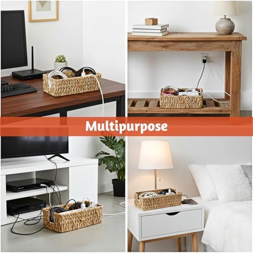 Cable Management Box with Lid 2 Pack Hand-Woven Water Hyacinth Decorative Cord Organizer 2 Side Open Slots Wicker Cable 