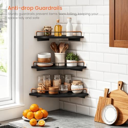 Homode 3 Tier Corner Floating Shelves, Wooden Corner Shelf Wall Mount 9/10/12 Inch with Guardrail, Rounded Hanging Corne