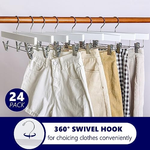 Amber Home 24 Pack White Wooden Pants Hangers with Adjustable Clips, 14"