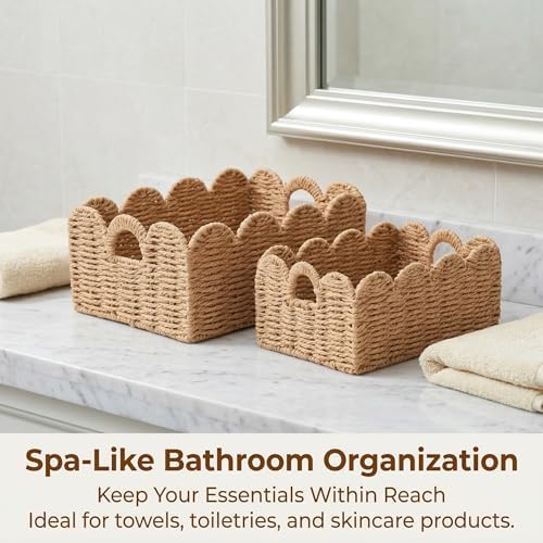 Scalloped Wicker Baskets Set of 3, Hand-Woven Storage with Handles
