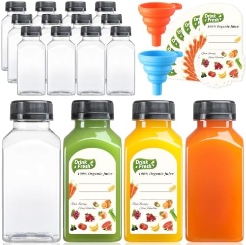 12 PACK, 8 OZ Reusable Thicker Plastic Juice Bottles with Caps, Leakproof