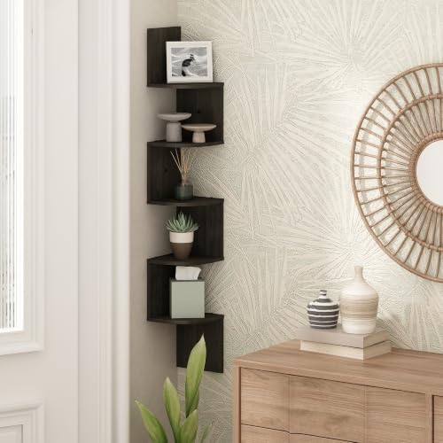 Furinno Rossi 5-Tier Floating Corner Shelf for Wall, Corner Zigzag Shelf Wall Mounted, Radial Wall Mount Shelves, for Ho