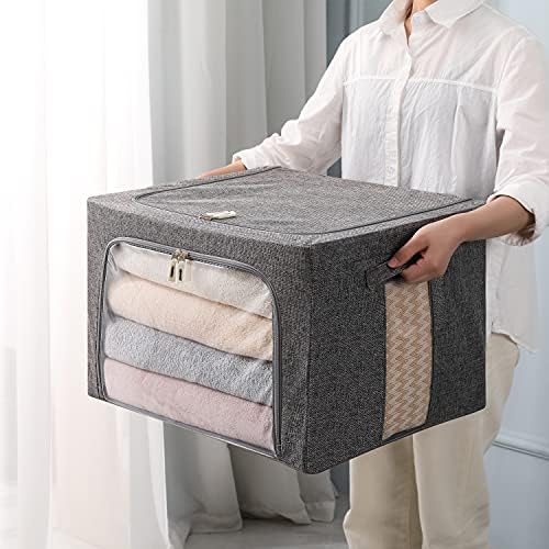 CYhom 3Pack Foldable Storage Bins - Frame Storage Box Linen Fabric Stackable Clothes Container Organizer with Clear Wind