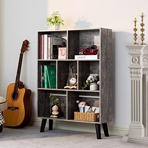 LEYAOYAO Cube Bookshelf, Mid-Century Modern Book Shelf with Legs,Dirty Grey