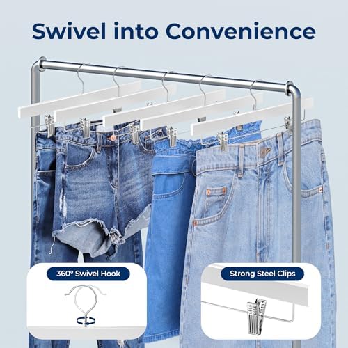 SereneLife Premium Wooden Pants Hangers 10 Pack, Solid 14" Wood Skirt Hangers with 2-Adjustable Clips, Heavy Duty & Anti Slip Wood Bottom Hanger for Slacks, Jeans, Trousers, Shorts (White)