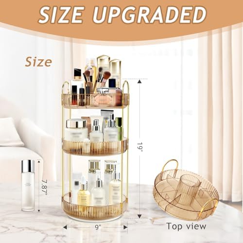 360 Rotating Makeup Organizer for Vanity,3 Tier Large Capacity Skincare Organizers,Bathroom Counter Organizer, transpare