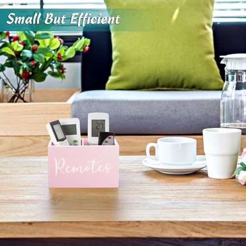 DRASTAR Remote Holder and Organizer - TV Remote Caddy for Table, Wooden Storage Organizer with Pink Accessories