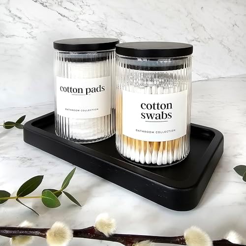 Mason & Fable Ribbed Glass Bathroom Jars & Tray Set | 10 fl oz, Set of 2 Storage Canister with Airtight Black Bamboo Lid
