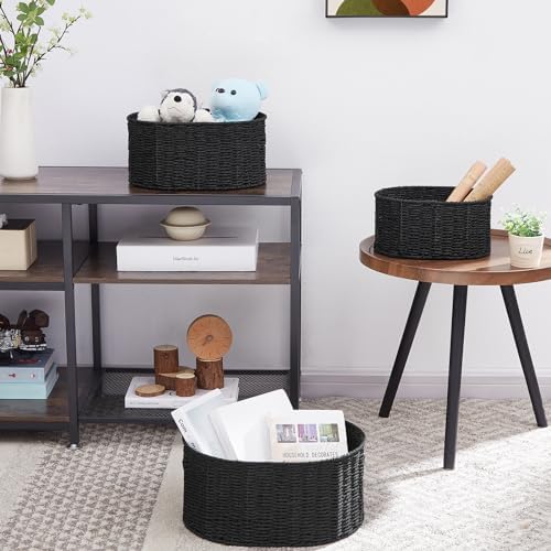 Vagusicc Wicker Basket, Set of 3 Round Storage Baskets for Organizing, Woven Paper Rope Wicker Storage Basket with Handl