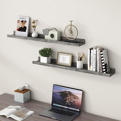 FLYJOE 36 Inches Floating Shelves for Wall, Solid Pine Wood Picture Ledge Shelves, Wall Shelves with Lips, Nursery Book Shelves for Toys Storage Living Room Bedroom Photo Frames (2 Pcs, Grey)