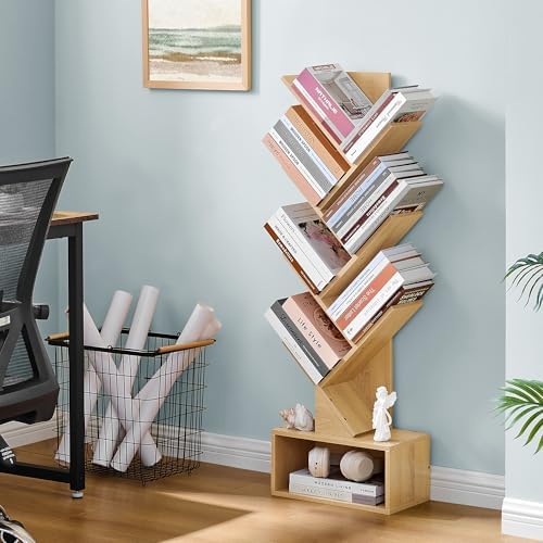 Hoctieon 6 Tier Tree Bookshelf, Tall Bookcase with Drawer, Freestanding Book Shelf, Display Floor Standing Storage Shelf