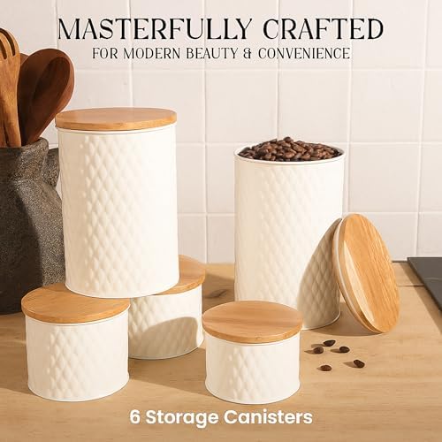 6 Canister Set for the Kitchen Countertop – Metal Food Storage Canisters with Airtight Lids for Flour, Tea, Crafts, Coffee, & Sugar – Container Set with Modern Wood Lids, White