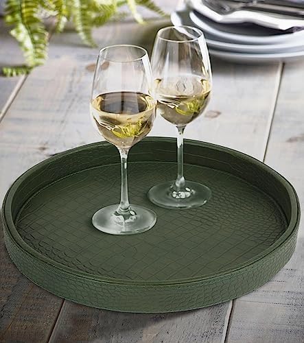 HofferRuffer Faux Leather Round Serving Tray, Vegan Croco Leather Decorative Tray, Food Tray for Storage Drinks, Snack &