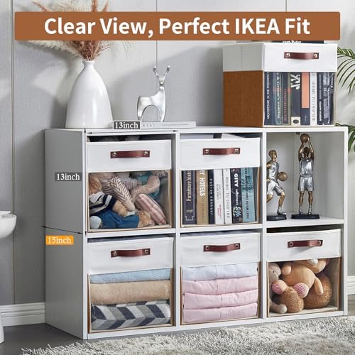 Bagnizer Storage Cubes, 4 Pack Linen Foldable Storage Bins with Clear Window and 2 Handles, 13x15x13 Storage Cube Bins for Shelf Closet, Kallax, Clothes, Books - (Brown / Off-White)