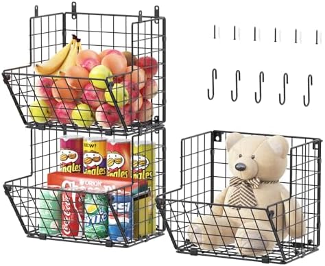 X-cosrack Metal Wire Basket Wall Mount, 3 Tier Wall Storage Organizer with 5 S Hooks, Kitchen Fruits and Vegetables Bin 