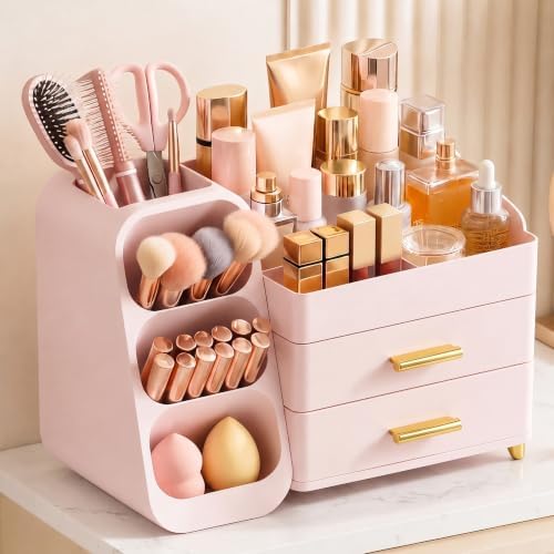 Large Capacity Makeup Organizer Countertop with Makeup Brush Holder for Vanity, Thickened Material, Bathroom Countertop 
